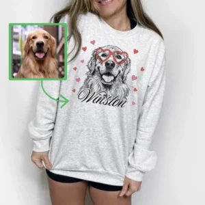Custom Dog Portrait Sweatshirt with Heart Glasses - Personalized Pet Gift
