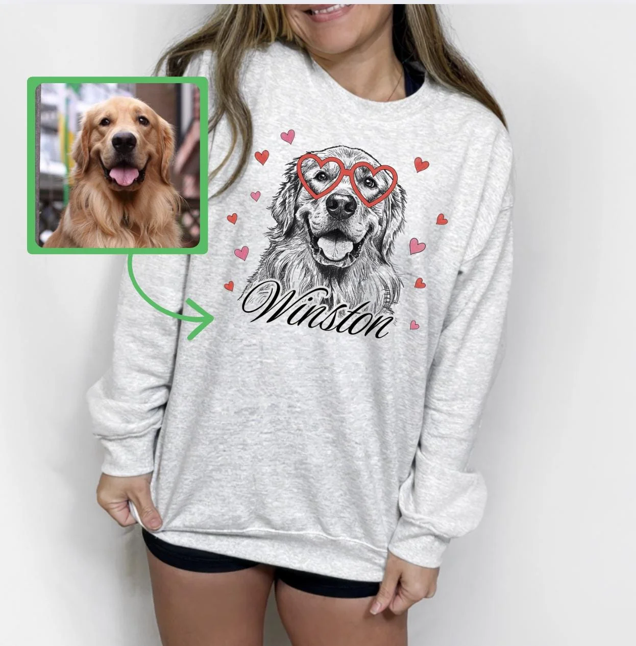 Custom Dog Portrait Sweatshirt with Heart Glasses - Personalized Pet Gift