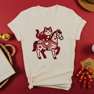 Subtle Asian Cat Riding Horse T-Shirt - Folk Art Lunar New Year Gift