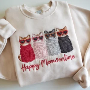 Happy Meowentine Embroidered Cat Lover Valentine's Day Sweatshirt